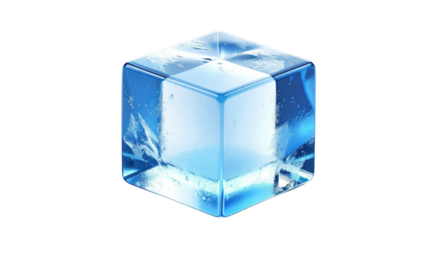 Glossy blue ice cube, internal texture, isolated