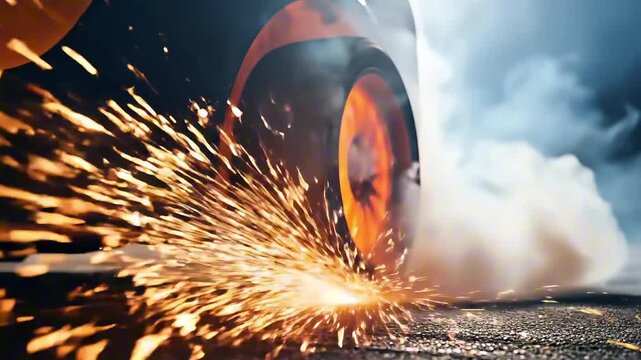 Car tire burnout scene, dramatic wheel spin creating sparks and smoke, motion blur capturing the power of a vehicle, road scene for automotive