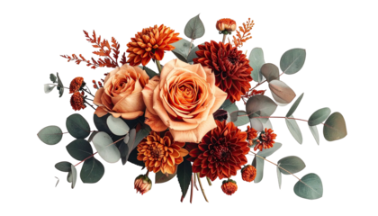Fall flowers bouquet with roses, dahlias, & eucalyptus on black