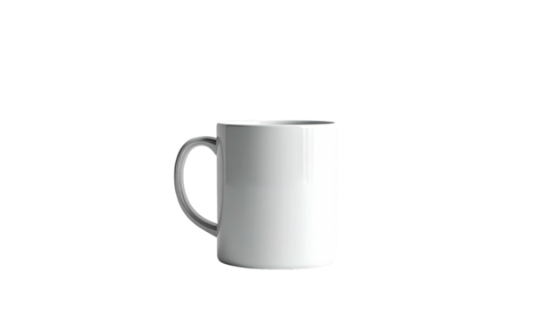 Isolated, simple white ceramic mug with handle on black backdrop