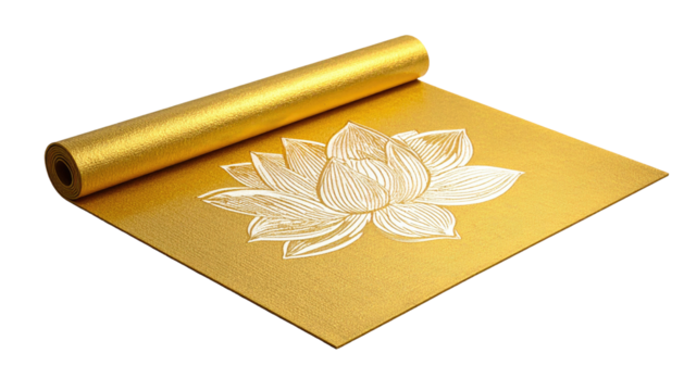 Golden yoga mat with white lotus flower on a black background