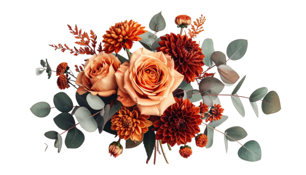 Fall flowers bouquet with roses, dahlias, & eucalyptus on black - Powered by Adobe
