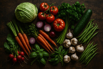 Freshly harvested vegetables for delicious healthy meals on wooden table