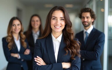 a beautiful woman in a business suit, arms crossed over her chest, smiling sincerely in the office, with her colleagues, team or students standing behind her. High quality