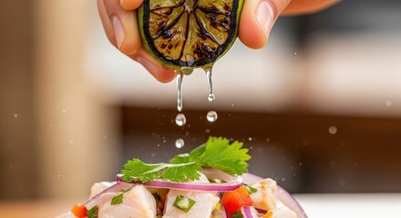 Hand squeezing lime juice over a dish of ceviche