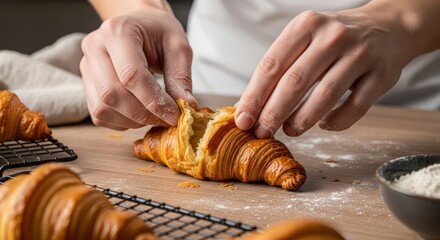 Hands assembling a croissant on a wooden table