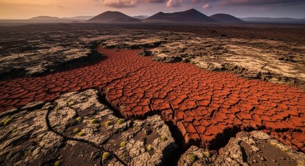 Vast, cracked earth scene with red soil leading towards distant volcanic mountains, under a cloudy sky
