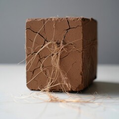 Cube of dry soil with visible plant roots growing outward