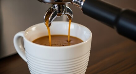Close-up of espresso pouring into a white coffee