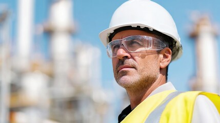 A construction worker in safety gear gazes thoughtfully at an industrial site, emphasizing safety and professionalism in a work environment.