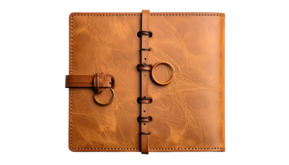 Leather-bound book secured with buckles on a black background