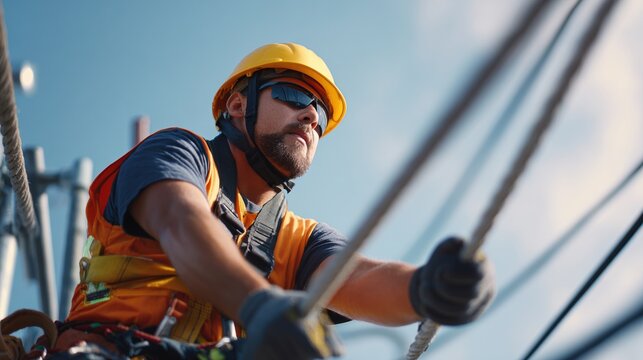 A focused construction worker in safety gear pulls on a rope, highlighting safety and diligence in a high-altitude work environment.