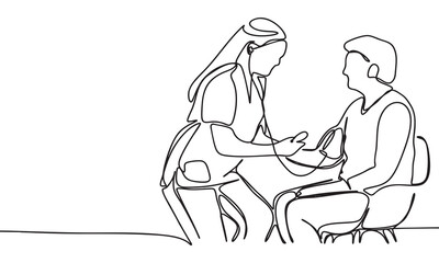 Continuous Line Drawing of Nurse Checking Patient's Blood Pressure