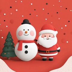 A festive scene featuring a cheerful snowman and Santa Claus against a bright red background, evoking holiday spirit and joy.