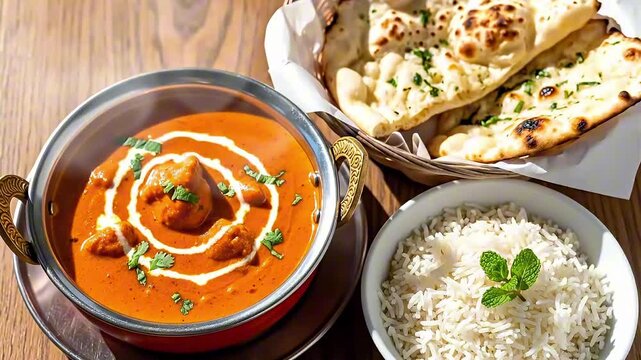 A delightful Indian culinary experience rich, creamy curry, aromatic basmati rice, and warm, freshly baked naan, offering a satisfying, flavorful meal