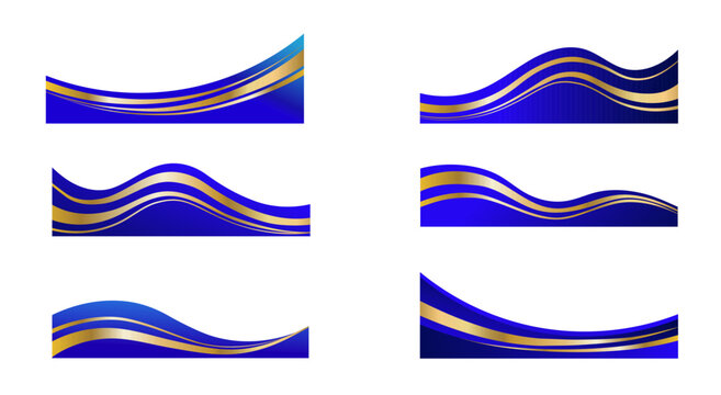 Gold blue wave elegant footer for certificate, borders set, luxury geometric vector elements isolated on white background, flat headers collection