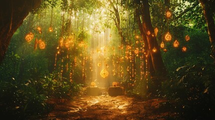 Obraz premium An atmospheric scene of a forest ritual with glowing light and hanging juju talismans