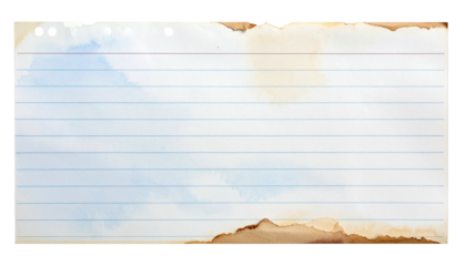 Damaged, lined notebook page with stains and torn edge