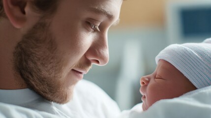 Obraz premium A tender moment between a father and his newborn, showcasing love and connection in a serene hospital setting.