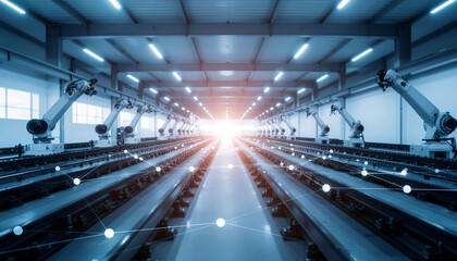 IoT and industrial automation visualization, factory robots connected by holographic network, AI-powered process monitoring.