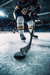 An ice hockey player prepares to strike the puck on the rink, creating a dynamic scene filled with motion and excitement.