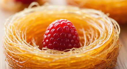 Close-up of a golden nest pastry with a raspberry