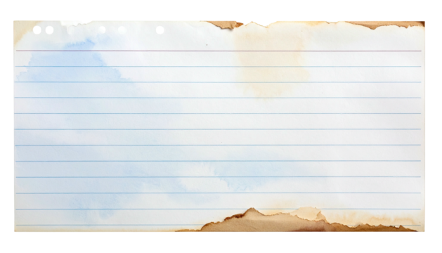 Damaged, lined notebook page with stains and torn edge
