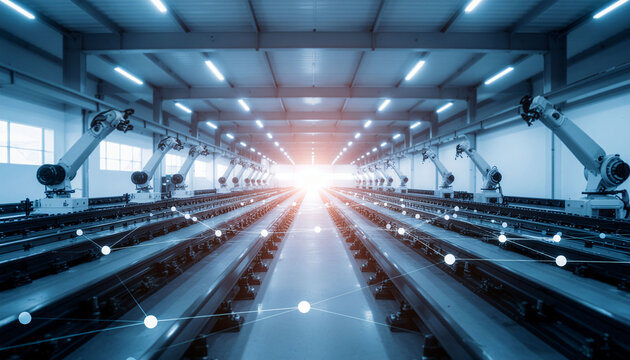 IoT and industrial automation visualization, factory robots connected by holographic network, AI-powered process monitoring.