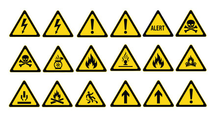 Set of triangular warning signs hazard symbol collection for safety and caution isolated illustration on white background