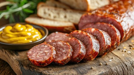 Close-up of sliced kielbasa on a wooden cutting board next to mustard and fresh rye bread ready for serving