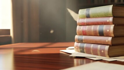 Stacked antique books on wood, with papers, warm lighting, and blurred background - Powered by Adobe