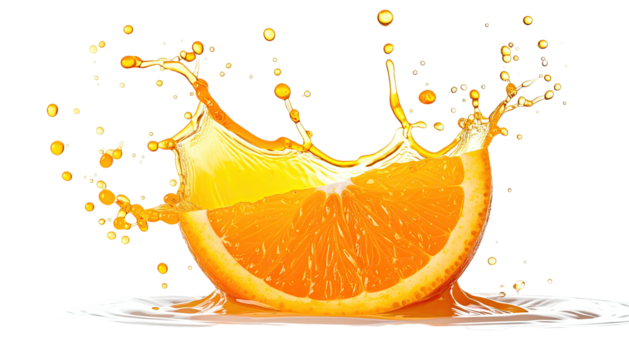 Orange slice splashing juice, isolated on black background