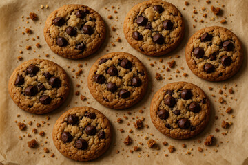 Freshly baked chocolate chip cookies tempting with delicious homemade taste