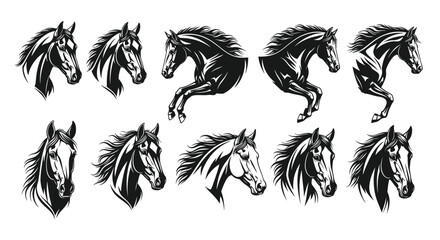 Set of horse illustrations black and white animal silhouettes perfect for design tattoo art and equestrian themes
