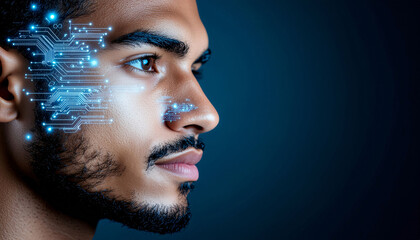 Man with futuristic digital circuit board overlay representing AI, technology, and innovation concepts with modern aesthetic