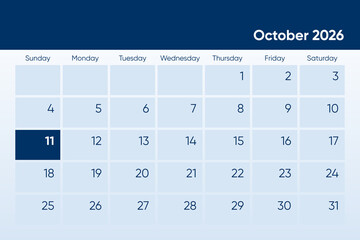 11 October 2026 calendar day design. It shows 2026 October 11 date calendar page