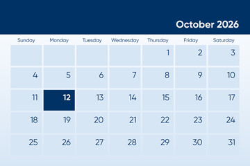 12 October 2026 calendar day design. It shows 2026 October 12 date calendar page