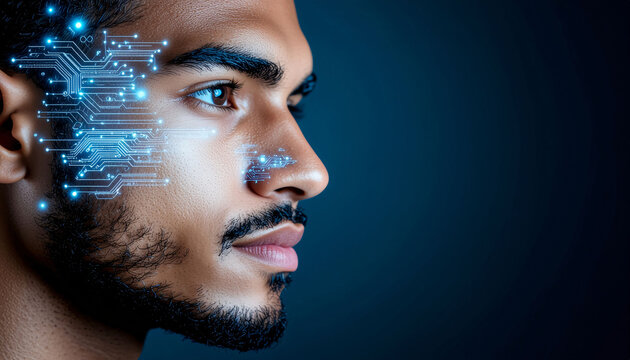 Man with futuristic digital circuit board overlay representing AI, technology, and innovation concepts with modern aesthetic