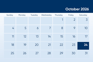24 October 2026 calendar day design. It shows 2026 October 24 date calendar page
