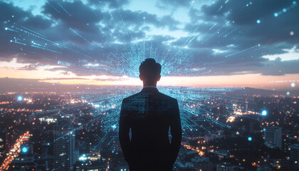 Visionary leader overlooking illuminated cityscape with data connections, symbolizing innovation, strategic foresight, and the future of technology