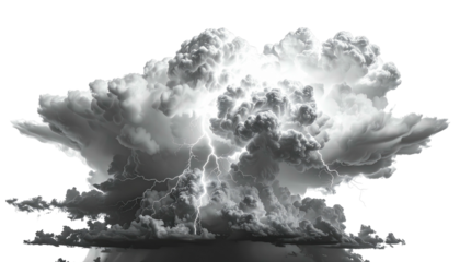 Exploding cloud illuminated by lightning strikes