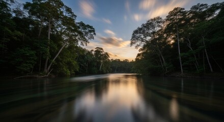Long exposure shot of a serene river reflecting the colorful sky, flanked by lush trees