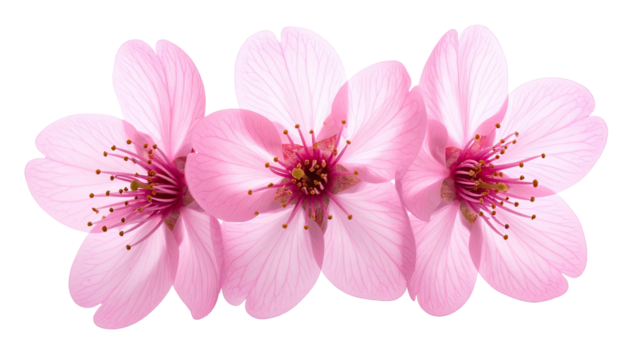Trio of pink cherry blossoms, centered, soft light, isolated