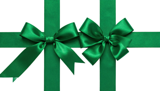 Two green bows with ribbons crossing on a black background