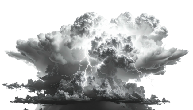 Exploding cloud illuminated by lightning strikes