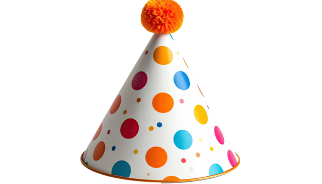 Polka-dotted party hat with an orange pom-pom on black