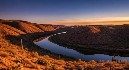 Breathtaking desert landscape at sunset. River flows through canyons, casting long shadows