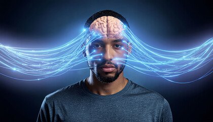 Futuristic mind with glowing neural network connecting to brain, represents intelligence, technology, AI, and connectivity, for science and innovation themes