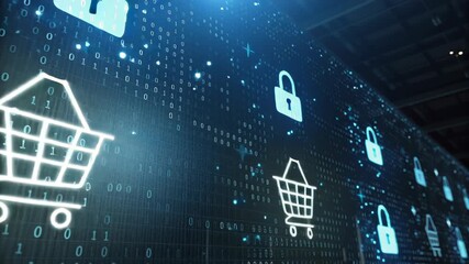 Best cyber monday deals. Futuristic Screen with Digital Shopping Carts and Padlocks Secure Online Shopping in Holographic and Binary Code World - Powered by Adobe