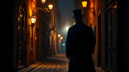 Dark Foggy Street in Victorian London: Ominous Shadow and Historical Atmosphere